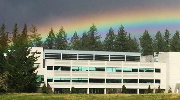 A rainbow over the Ecology headquarters building